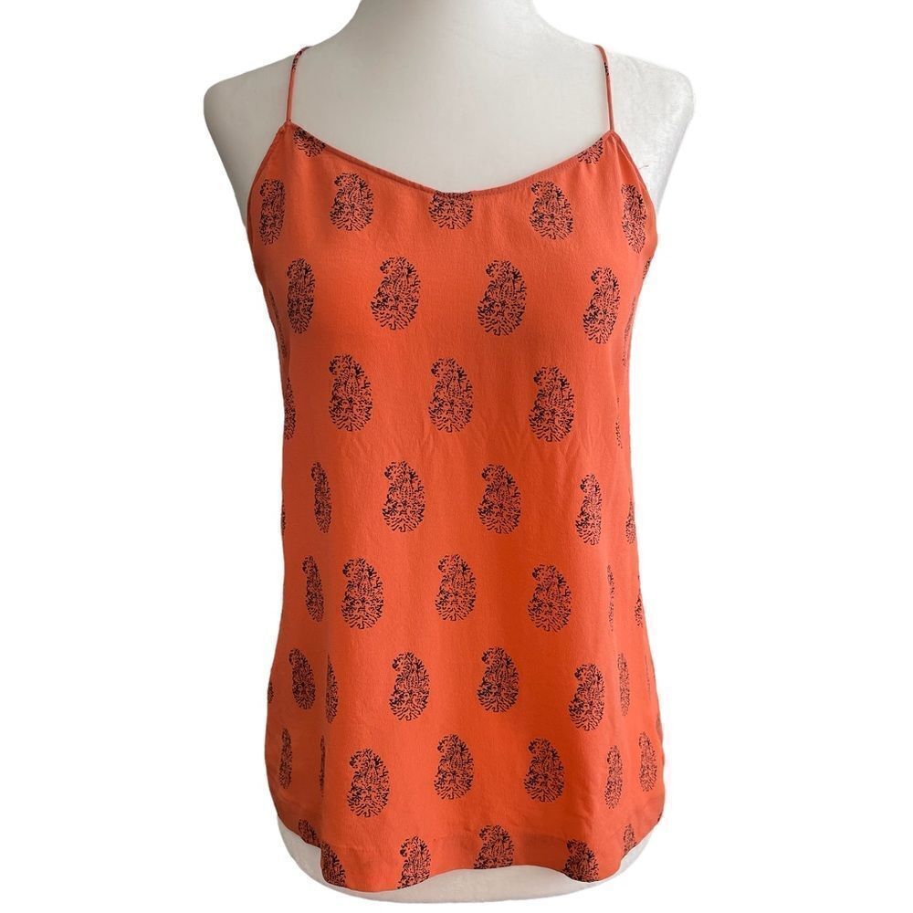 Madewell Coral with Black Paisley Print 100% Silk Spaghetti Strap Tank Top